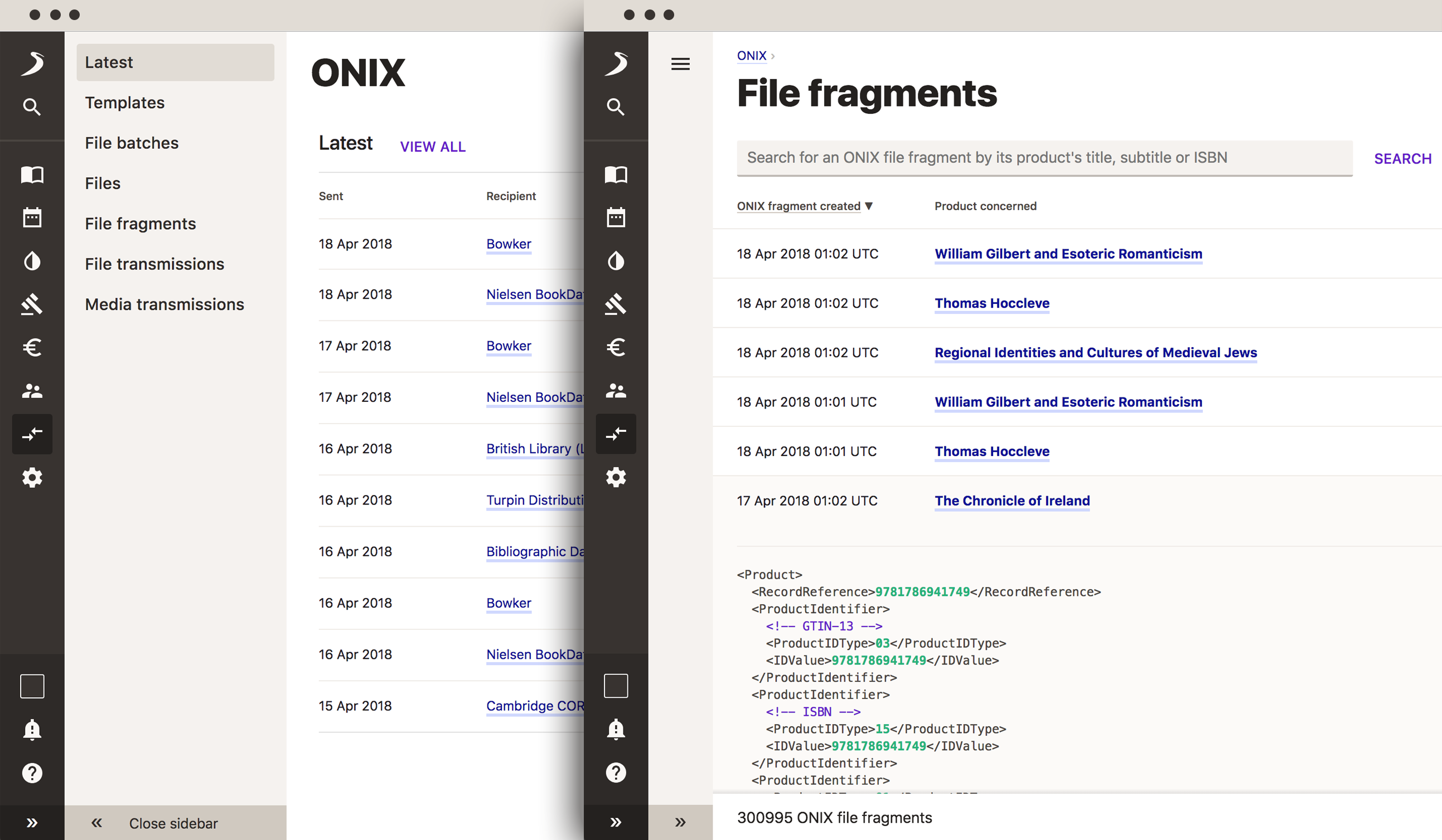 ONIX feeds set up screenshot.