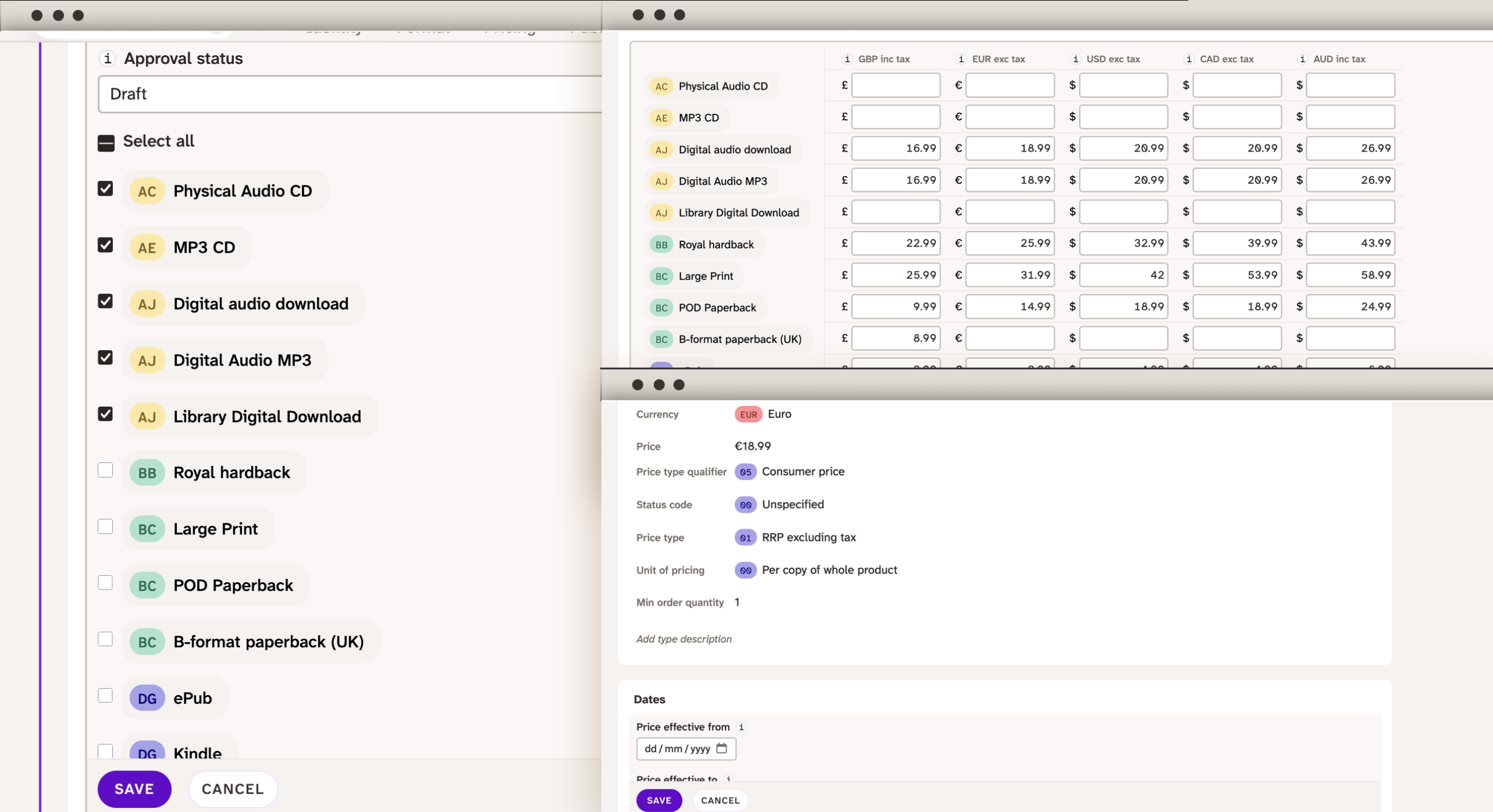 Three screenshots of Consonance. Left shows a marketing text that only applies to audio. Right top shows the default way to enter prices – one price per product per currency. Right bottom shows the complex way where you can add dates, tax overrides and supplier configurations.