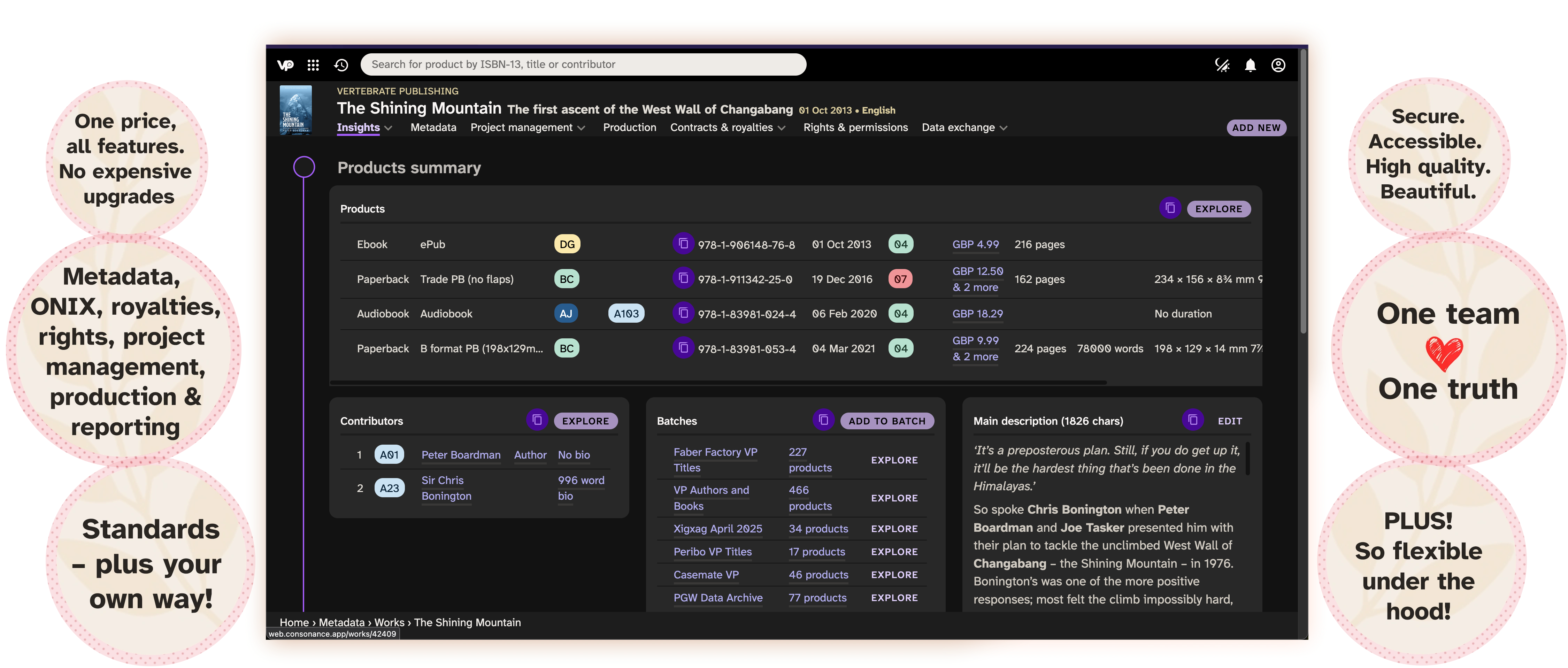 A work page in Consonance, showing summary cards, links to explore further, and other metadata.
