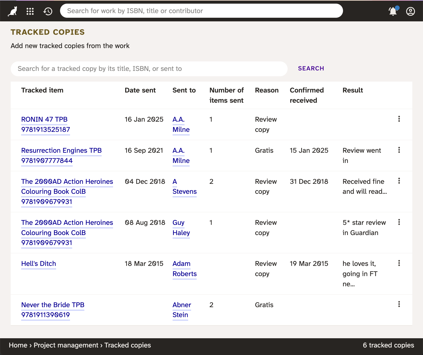 Screenshot of tracked copies in Consonance
